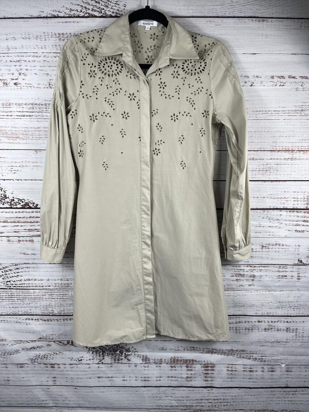 Exetera Shirt Dress Size S Beige Eyelet Embroidered Long Sleeve Button Front